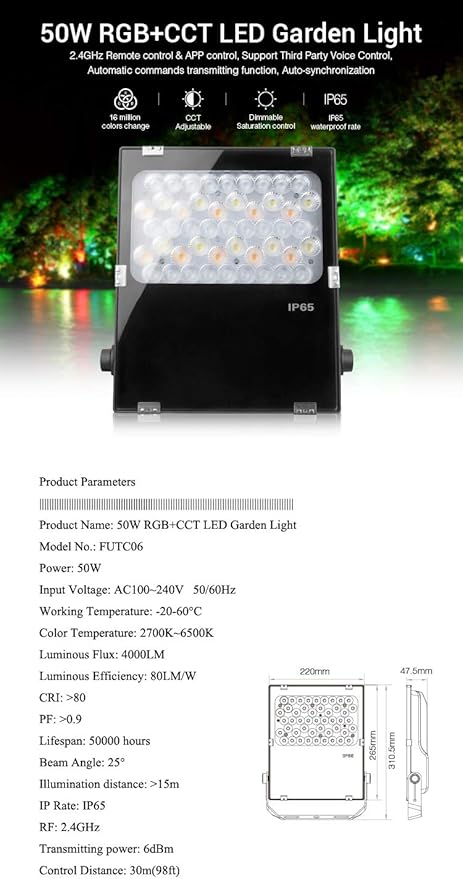 LGIDTECH FUTC06 Miboxer 50W RGBCCT Outdoor LED Landscape Garden Spotlight AC100-240V 16 Million Colors Changing,Color Temperature Adjustable,Memory Function.APP Can't Control Directly