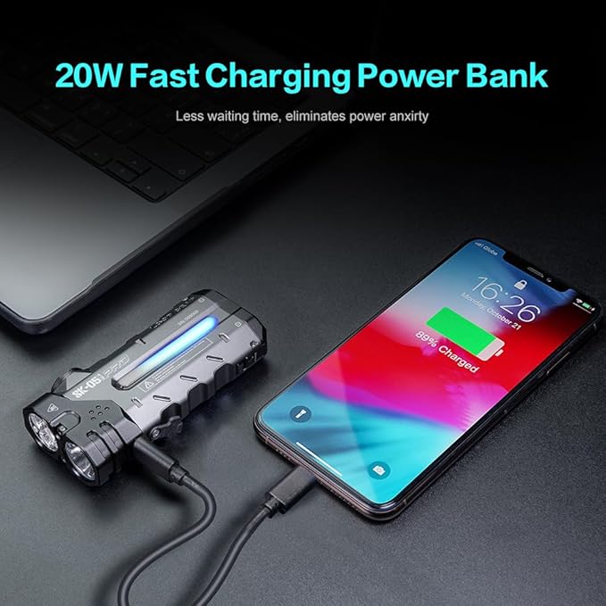 SK05 Pro Flat LED Flashlight with 8000mAh Power Bank, Sidelight Flashlight Combines Floodlight and Spotlight, 4360 High Lumens, Rechargeable, Magnetic Tail, IP68 Perfect for Camping, Outdoor