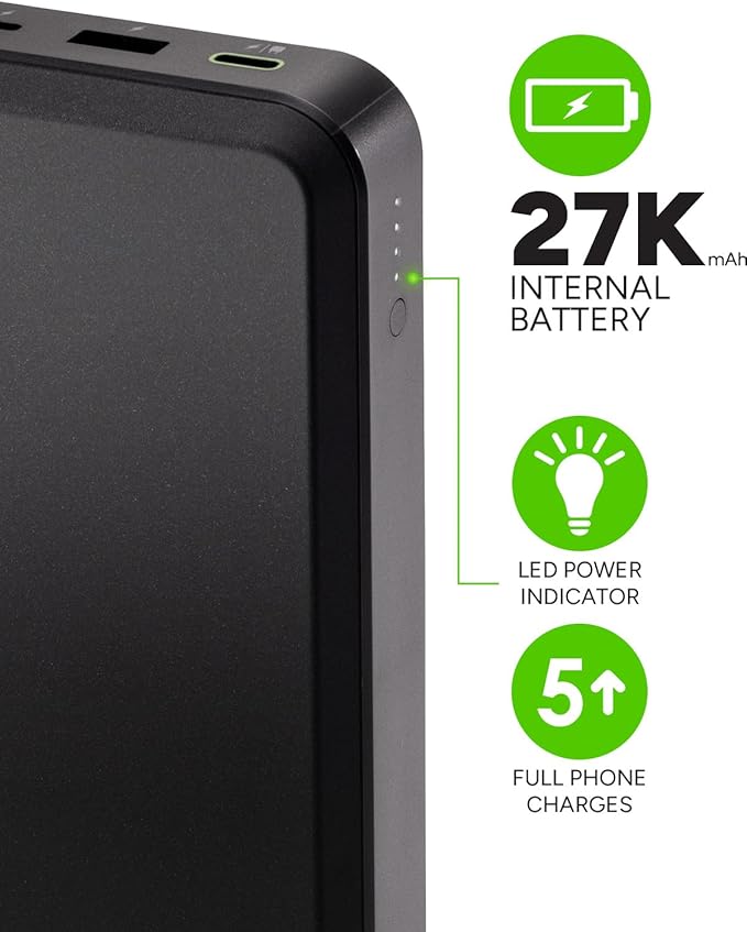 Mophie Powerstation Laptop Prime27-27,000mAh Portable Power Bank with 60W USB-C PD Fast Charging, Multi-Device, LED Indicator, Eco-Friendly, Type-A, USB-C Compatible