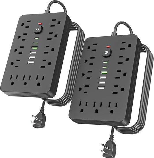 2PCS 5 FT Flat Plug Surge Protector Power Strip,11 Multiple AC Outlets with 6 USB Ports (2 USB C), 5 Feet Extension Cord, 1250W/10A, One Touch Switch Button, 17 in 1 Compact powerstrip
