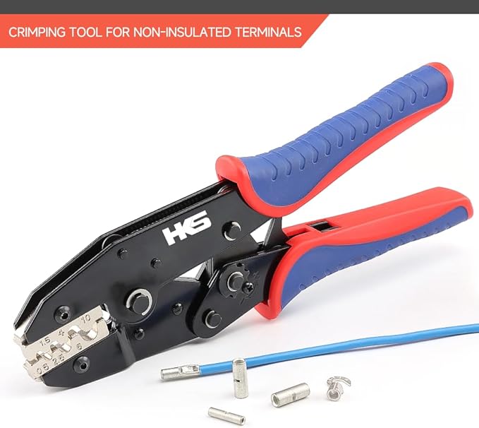 HKS Crimping Tool for Non-Insulated Terminals - Ratcheting Wire Crimpers for Butt, Fork, Ring, OT & UT - AWG 20-8 (0.5-10mm²) - Ratchet Terminal Crimper - Electrical Crimping Tool