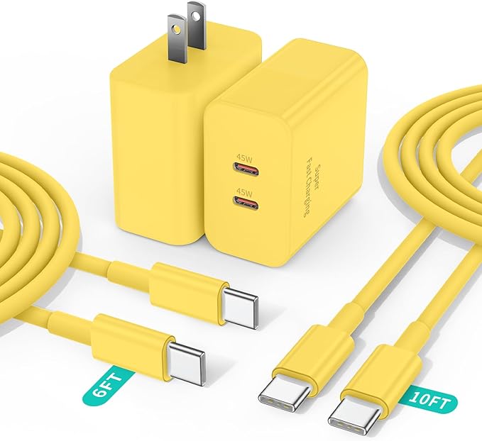 2 Pack 45W Super Fast Charger Type C for Samsung, USB C Android Phone Charger Fast Charging Block with 6FT/10FT Type C Charger Cord for Samsung Galaxy S25/S24/S23/S22+ Ultra/iPhone 17/16/15-Yellow