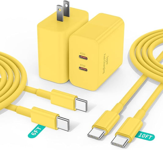 2 Pack 45W Super Fast Charger Type C for Samsung, USB C Android Phone Charger Fast Charging Block with 6FT/10FT Type C Charger Cord for Samsung Galaxy S25/S24/S23/S22+ Ultra/iPhone 17/16/15-Yellow