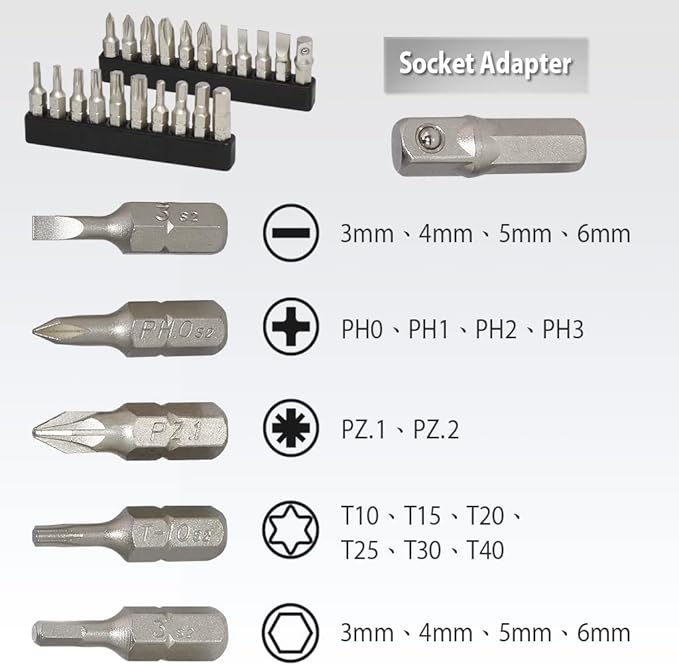 FIRSTINFO H5199A Screwdriver Bit Set | S2 Alloy Steel | 1/4" Hex Head 25mm Long, 21 Pieces with Phillips, Hex, Star, Flat