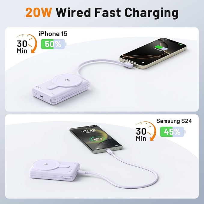 Magsafe Portable Charger 10000mAh Qi2 15W Fast Charging Magnetic Power Bank, Battery Pack with Foldable Stand, PD20W USB C Built in Cable, Mag Safe Only for iPhone 17/16/15/14/13/12 Series