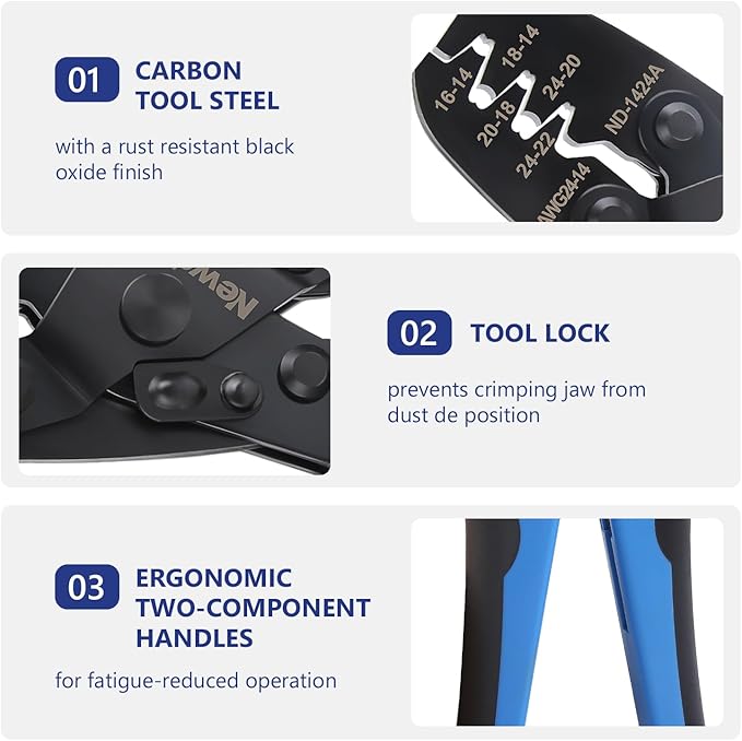 Newdeli Molex Crimper 24-14 AWG Non-Insulated Open Barrel Crimping Tool for JST Style Molex DELPHI AMP TYCO PC Harley Deutsch Terminals Receptacles Wire Terminal Crimper