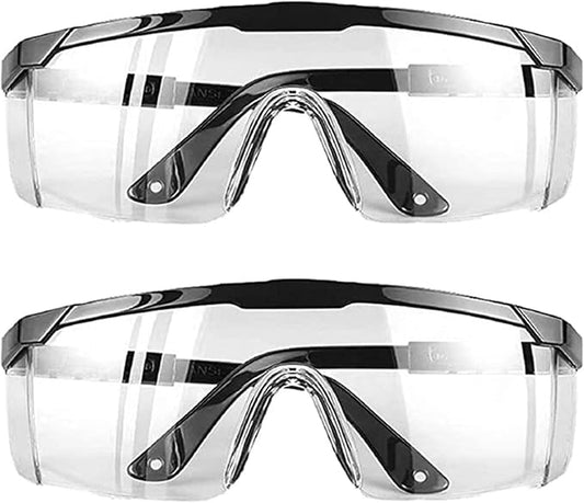 Safety Glasses Goggles (2 Pack) Shattered Proof, ANSI Z87.1 & EN 166 UV Resistant, Wide Frame Scratch Resistant Eye Shield Black Frame Wear over Glasses Adjustable temples Unisex.