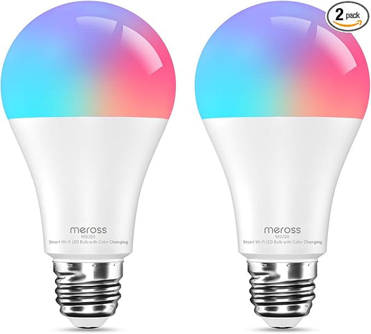 meross Wi-Fi Smart Light Bulb, Color Changing Led Bulbs Compatible with Alexa and Google Home, 2700K-6500K Tunable White, 810 Lumens 60W Equivalent, A19, E26, 2 Pack