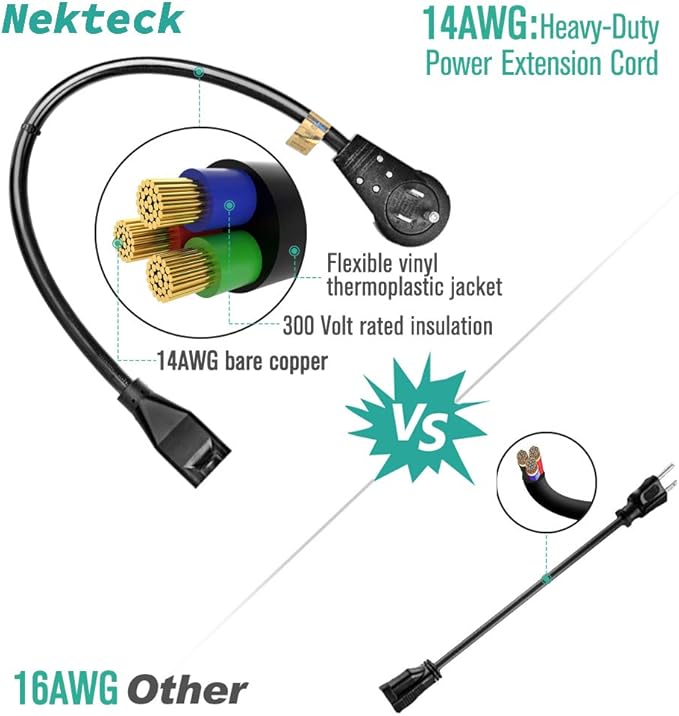 Nekteck 360° Rotating Flat Plug Extension Cord, 1 Foot, 14AWG 3 Prong, Low Profile Right Angle Power Cord Grounded Wire, UL Certified, Black (6 Pack)