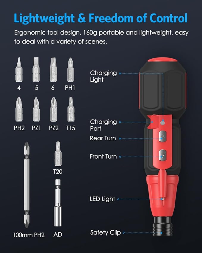 AMIR Cordless Power Screwdriver, Rechargeable Electric Screwdriver Sets, Portable Automatic Home Repair Tool Kit, Motorized Screwdriver with USB Cable and LED Lights