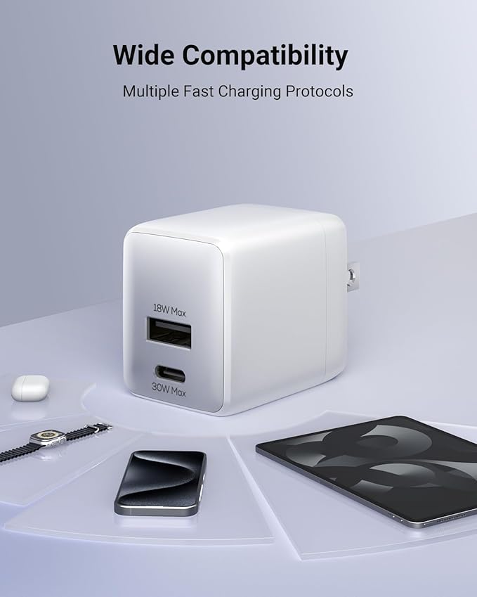 USB C Fast Charging Charger, 30W Dual-Port GaN Nano Charger with Foldable Plug for iPhone 16/15 Series, iPad, Galaxy S24 Ultra and More Series, (White, 1 Pack)