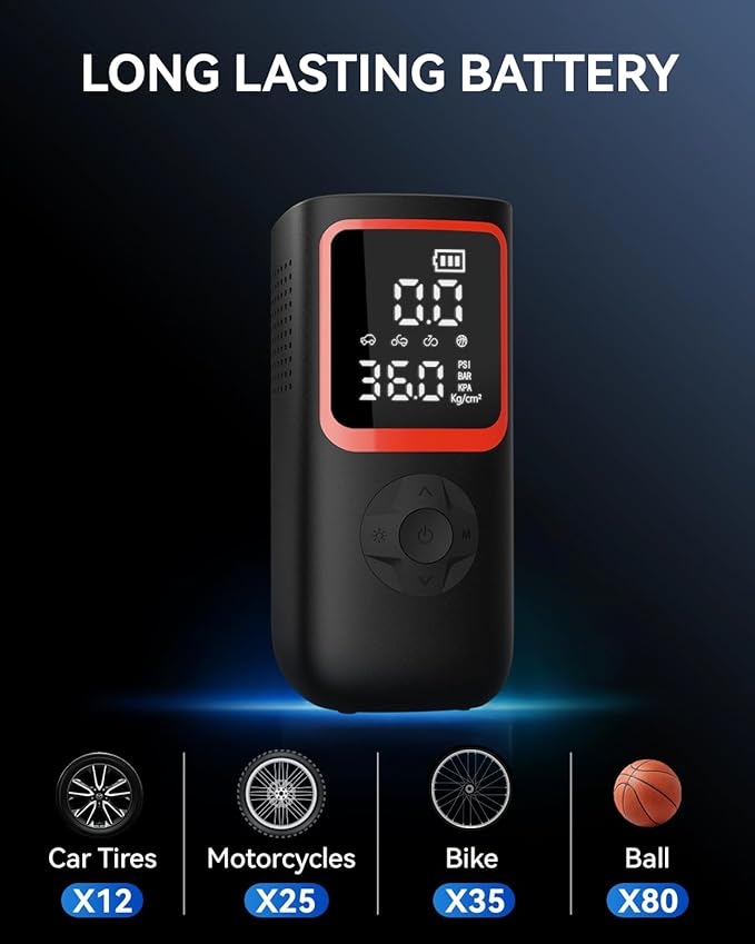 Tire Inflator Portable Air Compressor - 150PSI Portable Tire Inflator with Pressure Gauge, 4X Faster Portable Air Compressor for Car Tires, Air Pump with LED Light for Car, Motorcycle, Bike