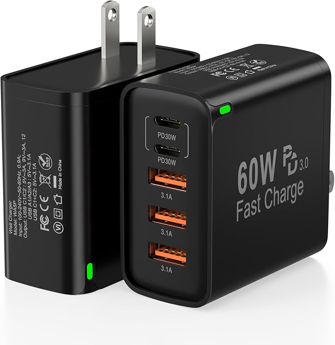 2Pack USB C Fast Charger Block, 60W 5-Port USB C Wall Charger 30W Type C Charging Block, 2USB C+3USB A PPS/PD 3.0 Multiport Charging Cube for iPhone 16 15 14 13 Pro Max,for Galaxy S25 S24 Ultra, i Pad