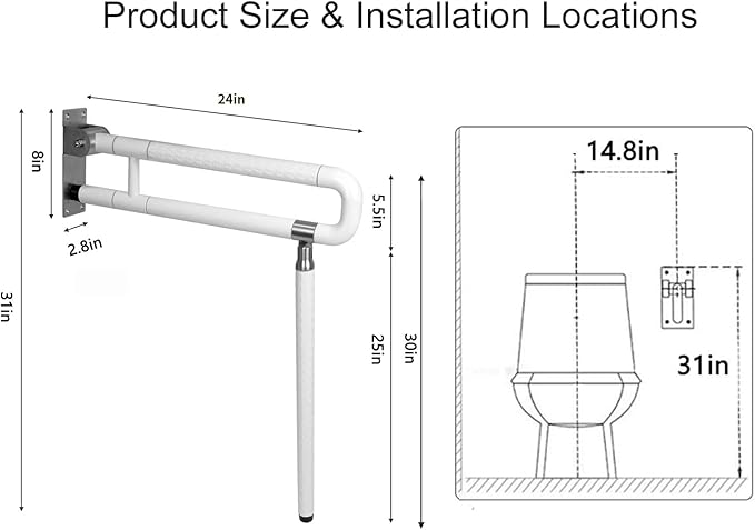 MYOYAY 24In Toilet Safety Rails Wall Mount Floor Support Foldable Toilet Grab Bar Handicap Grab Bars Rails Non-Slip Stainless Steel Flip Up Grab Bar Fluorescent Handrails for Seniors Disabled Pregnant