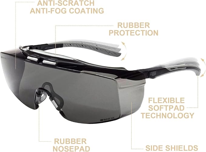 HUNTERSKY ANSI Z87 Anti Fog Lab Safety Glasses Fit Over Eyeglasses Up to 1.88 inch 100% UV Protective Goggles
