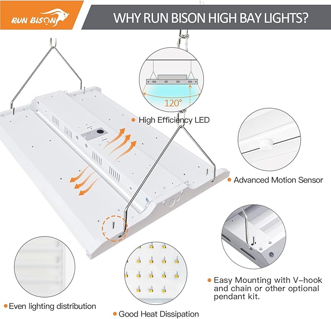 2FT LED Linear High Bay Shop Light with Motion Sensor, 210W High Bay Work Light Fixture, 28350LM, 120-277V, 5000K Daylight Linear Hanging Lighting for Garage, Warehouse, UL&DLC Listed - 4PK