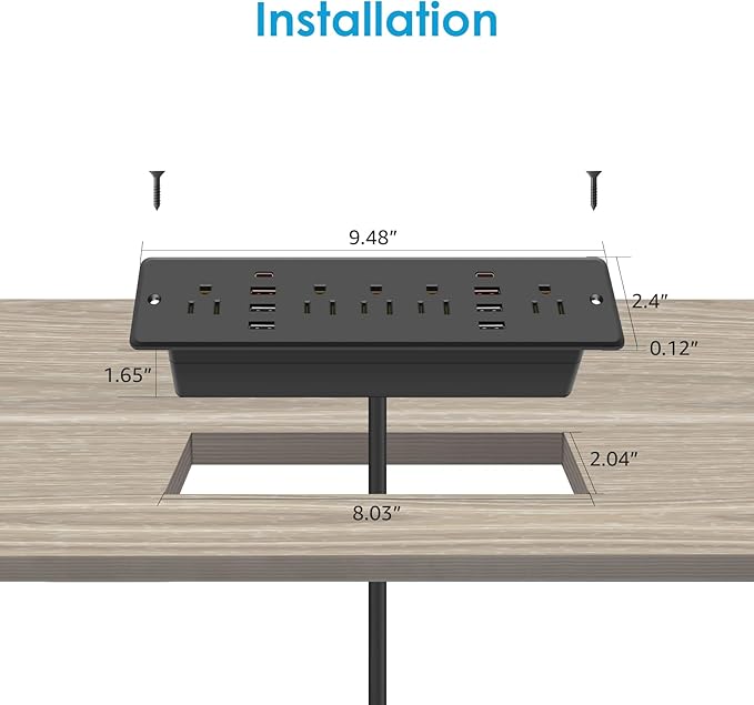 HHSOET 13 in 1 Recessed Power Strip Flat Plug, Fast Charging Furniture Outlet with USB, Conference Recessed Surge Protection Socket with 5 AC Plugs, 6 USB Ports 2 USB-C, 6ft Power Cord.(Black)