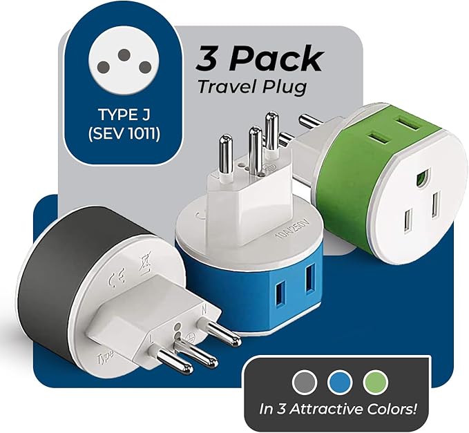 OREI Switzerland Power Plug Adapter with 2 USA Inputs - Travel 3 Pack - Type J (US-11A) Safe Grounded Use with Cell Phones, Laptop, Camera Chargers, CPAP, and More
