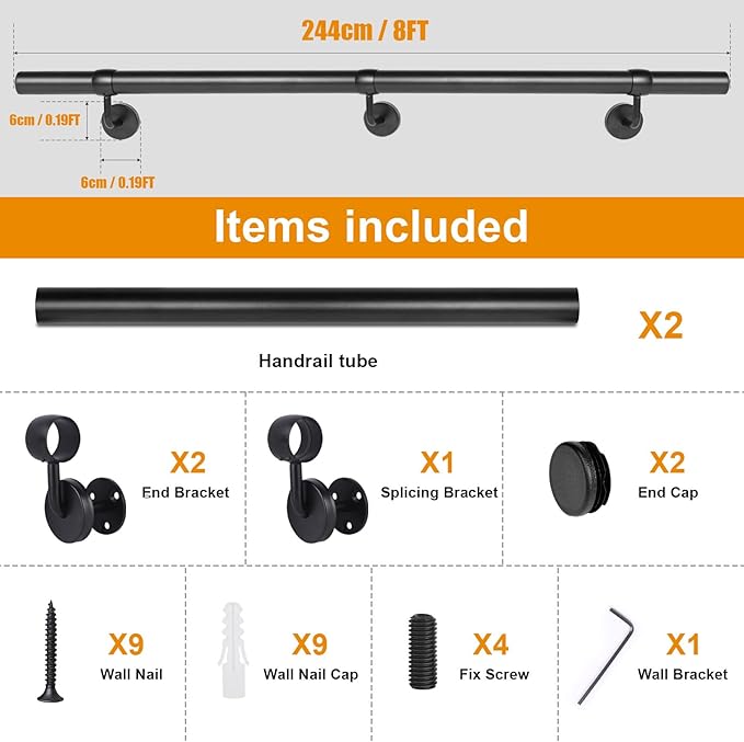 8Ft Industrial Metal Stairs Handrail Kit, Sturdy Wall Mount Aluminum Hand Rail, Indoor Outdoor Stair Railing Wood Concrete Brick Wall,1.5 in Round Pipe Grab Bar, Matte Black-8FT