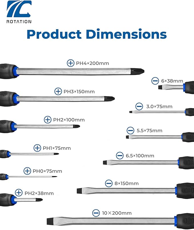 ROTATION Magnetic Screwdriver Set 12 PCS with Black tips, 6 Phillips and 6 Flat Head Screwdrivers, with Go-Thru Steel Blades, High Torque for Fastening and Loosening (Black Tip_Matt Blade)