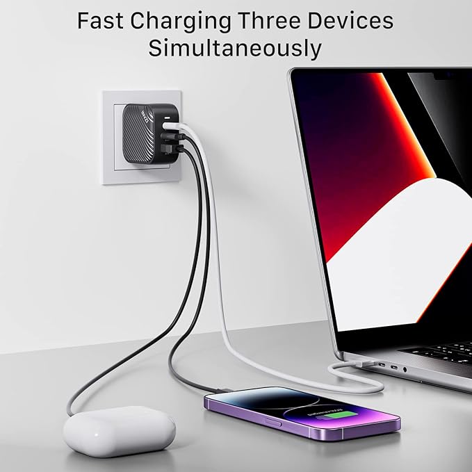 INVZI GaNHub 65W GaN USB C Charger 3-Port, PPS PD Fast Charger Foldable Wall Charger for MacBook Pro/Air, iPad Pro, iPhone 16/15 Pro Max, Galaxy S24/S23, Pixel, Steam Deck and More