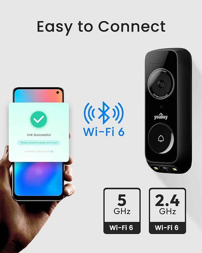 youkey Wireless Doorbell Camera with Chime, No Monthly Fee, 2K Video Doorbell with Dual Cam, AI + Radar + PIR Detection, 2.4/5GHz WiFi-6, Two-way Talk, Color Night Vision, Battery/Wired Powered, DB312