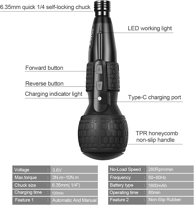 3.6V Cordless Electric Screwdriver - Manual & Automatic 2-in-1 with LED Light, 4.25'' Magnetic Rust-Proof S2 Bit for Furniture Assembly, Home DIY, Electronic Repair, 0.44lbs Lightweight (Black)