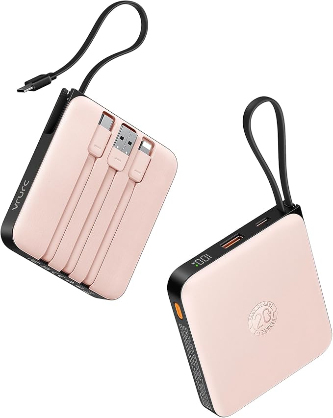 VRURC Mini Portable Charger, 22.5W USB C Fast Charging 10000mAh Pocket Power Bank with Built-in Cable, Battery Pack for iPhone 16 15 14 13 Samsung Galaxy S23 S22 Google Android, Pink(1 Pack)