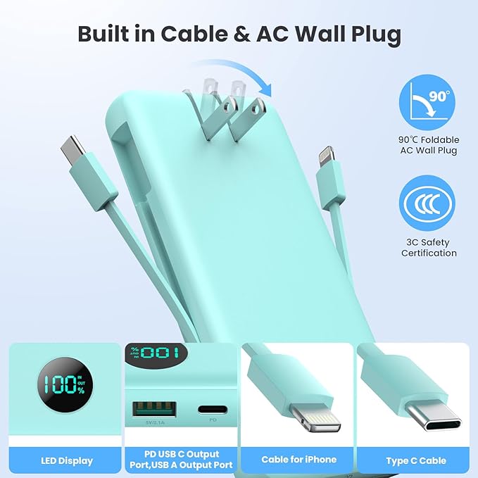 Portable Charger 33800mAh USB C Power Bank with Built-in Cables & AC Wall Plug,25W Fast Charging+QC 4.0 Phone Charger,4 Output LCD Display Battery Pack Compatible with iPhone16/15,Samsung,Android etc