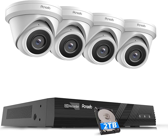 4 Camera Security System, 4X 5-Megapixel Wired IP Dome PoE Cameras Outdoor with AI Person Detection, Built-in Mic, Remote Access, 4K 8 Channel NVR 2TB HDD for 24-7 Recording, PD93A0408-5M