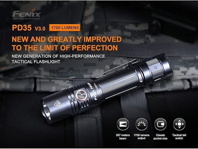 Fenix PD35 v3.0 Rechargeable Tactical Flashlight, 1700 Lumens EDC with Battery and Organizer (Green)