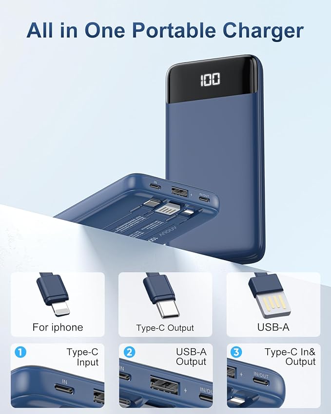Portable Charger with Built-in Cables 10000mAh Power Bank with Cords, Slim Fast Charging Battery Pack, Travel Essential Portable Charger for iPhone 17/16/15/14/13 Series, Samsung Google Pixel iPad