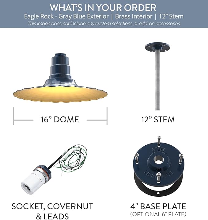 Steel Lighting Co. Eagle Rock Pendant | Ceiling Mounted Light | 16" Radial Wave | 12" Galvanized Stem | Heavy Duty Steel Retro Farmhouse Style Made in America | Gray Blue Exterior/Brass Interior