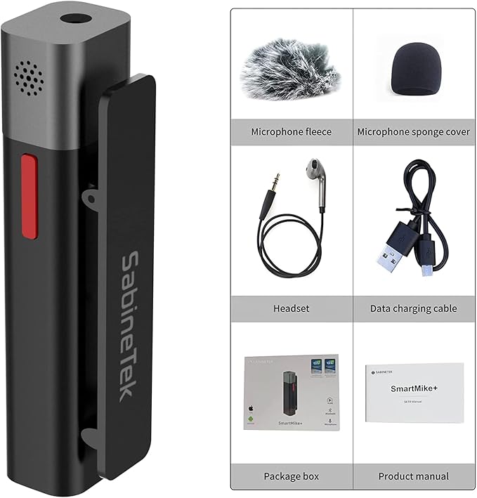 SabineTek Official SmartMike+ Ultra-Compact Wireless Bluetooth Microphone Long Distance Audio Recording Noise Reduction Lavalier Mic (14g) (Black)