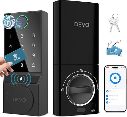 DEVO G3 Smart Lock,Fingerprint Door Lock, Wi-Fi Deadbolt Smart Lock,Keyless Entry Door Locks with Doorbell, APP Remote, Auto-Locks, Easy Install Front Digital Keypad Deadbolts, IP54Waterproof(Black)