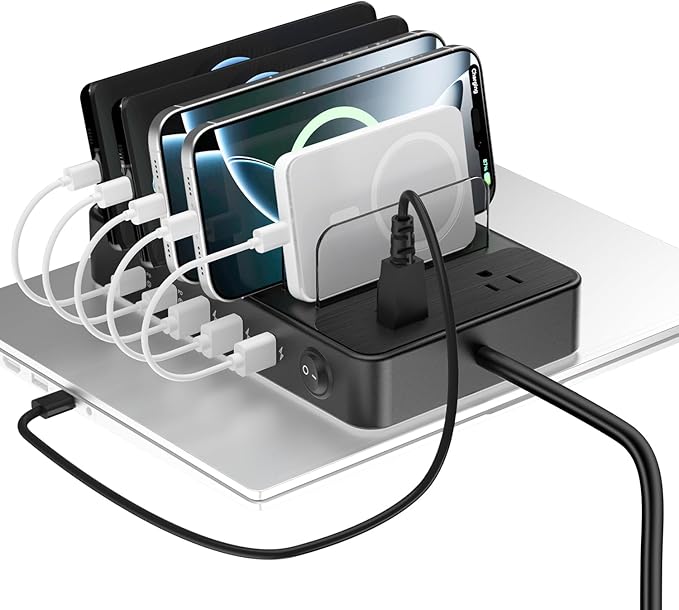 85W Charging Station for Multiple Devices, 7-in-1 Power Strip with 2 AC, 2 USB C, 3 USB A, USB C Charging Hub for MacBook, iPhone, Android & More, USB Desk Charger, Black