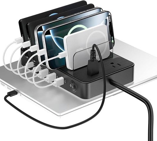 85W Charging Station for Multiple Devices, 7-in-1 Power Strip with 2 AC, 2 USB C, 3 USB A, USB C Charging Hub for MacBook, iPhone, Android & More, USB Desk Charger, Black