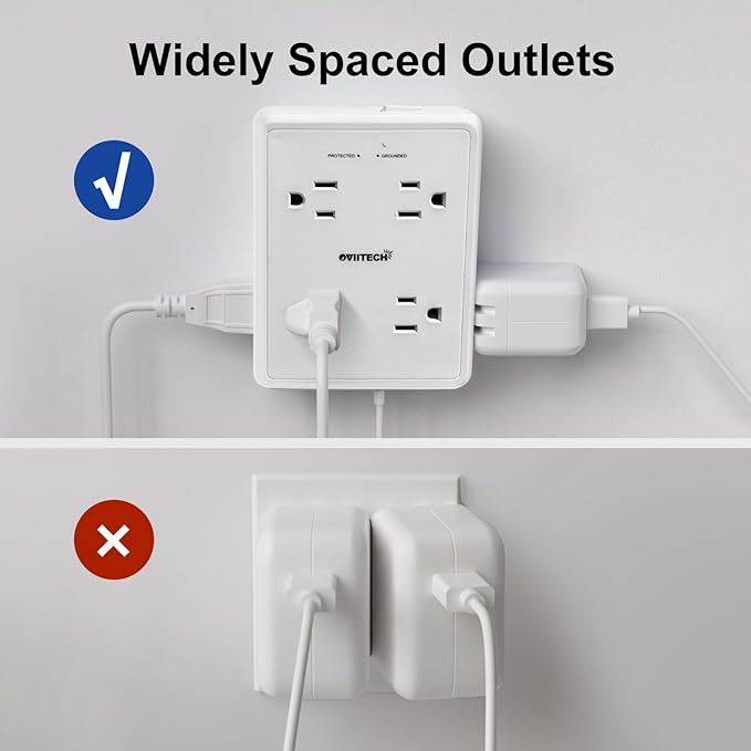 Multi Plug Outlet Extender Surge Protector Adapter, 8 Outlet with 4 USB Ports (2 USB C) 1350J Power Strip Wall Charger Spaced for Travel,Home, Office, Dorm Room, White