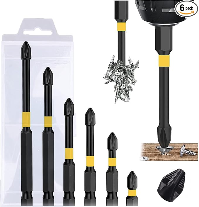 Magnetic Screwdriver Bit Set, 6PCS Electric Drill Screwdrivers Bits 1/4 Inch PH2 Hexagon TS2 Steel Heavy Duty Impact Screwdrivers Anti Slip Cross Slot Screwdriver Bit Set