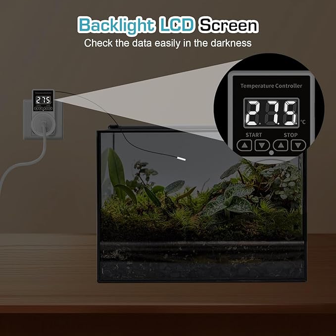Digital Thermostat Plug Socket, Only Celsius Display LCD Screen Temperature Controller with Waterproof Sensor Probe, Heating Cooling Temperature Switch Outlet for Reptile Greenhouse Terrarium