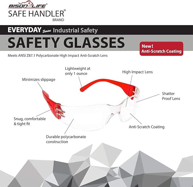 BISON LIFE Protective Safety Glasses, Clear Polycarbonate Impact and Ballistic Resistant Lens, RED (Case of 12 Boxes, 144 Pairs Total)