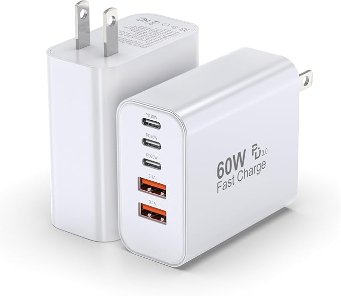 USB C Block 60W, 5 Ports Wall Plug Fast Charging Block, PD+QC Multiport Power Adapter USB C Charger Type C for iPhone 17,17 Air,17 Pro,17 Pro Max,16,15,14,13,12,11,X, Galaxy S25, S24,Tablet