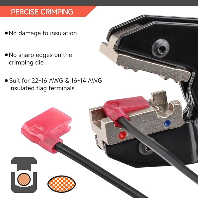 HKS Crimping Tool for Insulated Flag Terminals - Ratcheting Wire Crimpers - AWG 22-14 (0.5-2.5mm²) - Ratchet Terminal Crimper - Electrical Crimping Tool