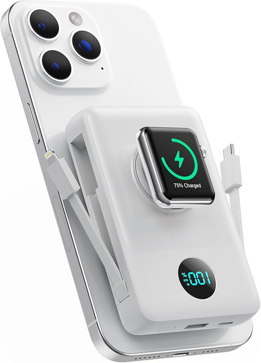 Magnetic Portable Charger 10800mAh for iPhone with Built-in Cables, 6-in-1 Wireless Power Bank with iWatch Charger, 25W PD Fast Charging USB C Battery Pack for iPhone 16/15/14/13/12,Apple Watch(White)
