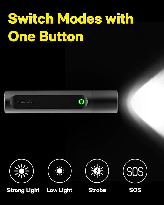 HOTO Flashlight Fit, LED Rechargeable, USB-C Charging, 3 Modes, Up to 24 Hours, 1500mAh, 280 Lumens, 656ft, IP55 Waterproof, Compact Flashlight Widely Used in Camping, Hiking, Emergency