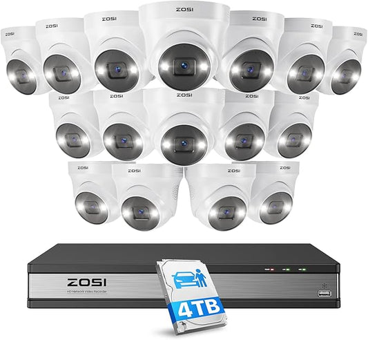 ZOSI 16Channel 4K PoE Home Security Camera System Outdoor Indoor with 4TB HDD,16pcs 4K PoE IP Cameras,Person Vehicle Detection,100ft Night Vision,2-Way Audio,16CH 4K NVR Recorder for 24/7 Recording