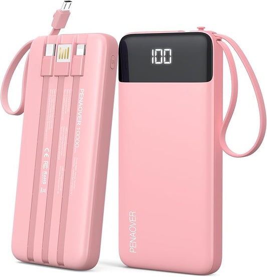 Portable Charger 10000mAh Power Bank with Built-in Cable, 5 Output 2 Input Travel Essential External Battery Pack with LED Display Compatible with iPhone 16/15 Samsung S22 Android,etc