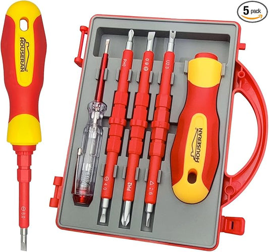 Insulated Screwdriver, HOUSERAN 5 Pcs Screwdriver Set, Electrician Tools Kit with Case, 1000V, Screw Driver with Interchangeable Blades, Electrical Screwdriver for Men Household Repair