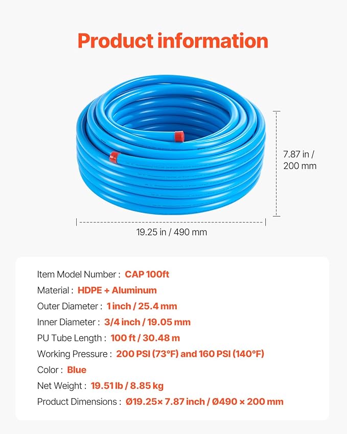 VEVOR Air Compressor Line Kit, 100FT x 3/4", HDPE-Aluminum Compressed Air Piping System, Leak-Proof, Pressure-Resistant & Easy-to-Install, Compressed Air Line Tubing Kit for Garages Workshops, Blue