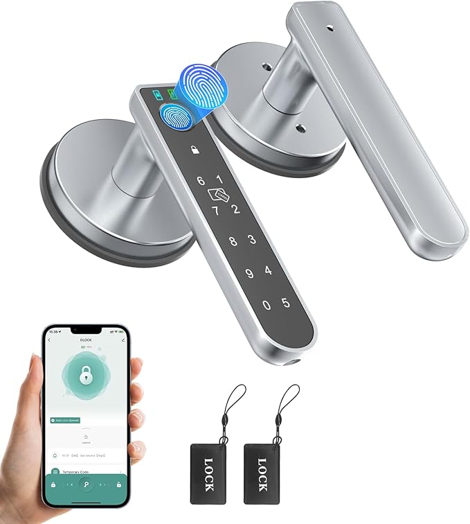 Fingerprint Door Lock, Finger Print Door Knobs Thumbprint Door Knob with App Control/Fingerprints/IC Cards/Codes/Keys, Smart Lock for Bedroom Home Apartment Grey